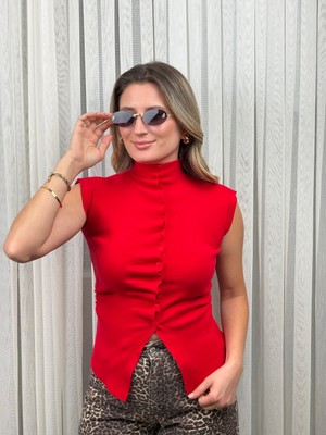 Alis Boutique Düğmeli Kolsuz Bluz Triko