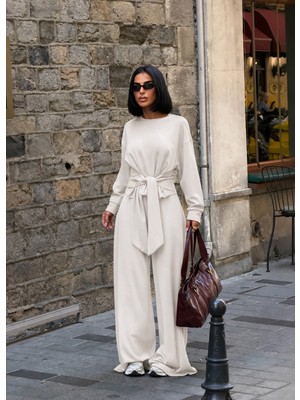 Kadın Bej Beli Kuşak Bağlamalı Modal Takım E26-ST2978