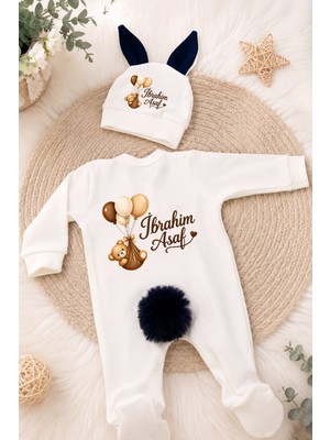 Perfect Mega Store Kişiye Özel Erkek Bebek Tulum ve Bere – Ayıcıklı Balon Temalı Ponponlu Isme Özel Bebek Giyim