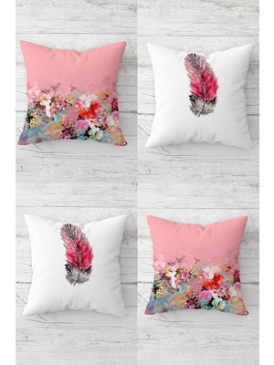 Şanal Pelangi Kuş Tüyü ve Çiçek Buketi Desen Gizli Fermuarlı Kırlent Kılıfı Koltuk Yastık Kılıfı TAKIM(4ADET), Açık Pembe-Beyaz 45 x 45