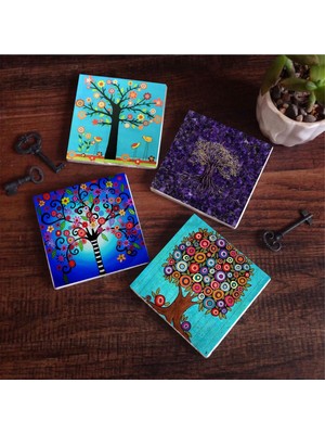 Şanal Pinecone Stone Hayat Ağacı Taş Bardak Altlığı Seti - 4 Parça - Dekoratif, Rustik Mutfak Aksesuarı, 10X10 Cm, Kaydırmaz Tabanlı, Şık ve Dayanıklı SC455
