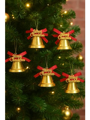 Şanal 9 Adet Lüx Kırmızı Kurdelalı Yılbaşı Merry Christmas Çan Süs 5cm Yılbaşı Ağacı Süsleri