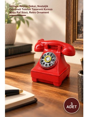 Yenilig 3 Adet Ankesörlü Telefon Biblosu – Vintage Reçine Dekor, Nostaljik Çevirmeli Telefon Tasarımlı Kırmızı Masa Raf Süsü, Retro Ornament