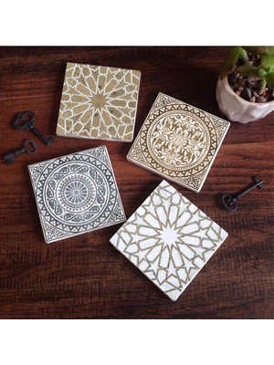 Şanal Pinecone Stone Etnik Desen Taş Bardak Altlığı Seti - 4 Parça - Dekoratif, Rustik Mutfak Aksesuarı, 10X10 Cm, Kaydırmaz Tabanlı, Şık ve Dayanıklı SC275