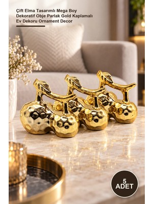 Yenilig 5 Adet Seramik Biblo – Çift Elma Tasarımlı Mega Boy Dekoratif Obje Parlak Gold Kaplamalı Ev Dekoru Ornament Decor