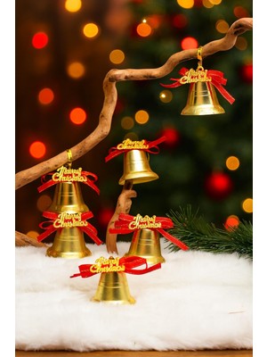 Şanal 9 Adet Lüx Kırmızı Kurdelalı Yılbaşı Merry Christmas Çan Süs 5cm Yılbaşı Ağacı Süsleri Noel Süsleri