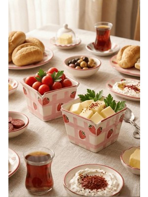 Şanal Mithra Life 2'li Seramik Atıştırmalık Çerezlik Meyve Kahvaltılık Sunum Kasesi Çilek Serisi 650 ml El Yapımı MIT1330