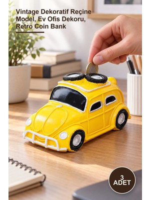 Yenilig 3 Adet Nostaljik Araba Tasarımlı Biblo Kumbara – Vintage Dekoratif Reçine Model, Ev Ofis Dekoru, Retro Coin Bank
