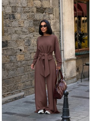 Kadın Kahverengi Beli Kuşak Bağlamalı Modal Takım E26-ST2978