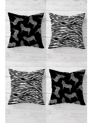 Şanal Pelangi Zebra ve Zebra Çizgili Kombin Gizli Fermuarlı Kırlent Kılıfı Koltuk Yastık Kılıfı TAKIM(4ADET), Siyah 45 x 45