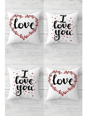Şanal Pelangi I Love You Yazılı Sevgili Temalı Gizli Fermuarlı Kırlent Kılıfı Koltuk Yastık Kılıfı TAKIM(4ADET), Siyah-Kırmızı-Beyaz 43 x 43