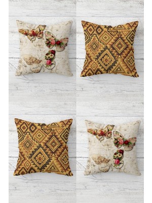 Şanal Pelangi Vintage Kelebek ve Etnik Karo Desen Gizli Fermuarlı Kırlent Kılıfı Koltuk Yastık Kılıfı TAKIM(4ADET), Bej-Hardal Sarısı 45 x 45