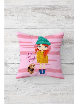Şanal Pelangi My Best Friend Çift Tarafı Baskılı Gizli Fermuarlı Yastık Kılıfı Kırlent Koltuk Yastık Kılıfı, Hardal-Pembe 45 x 45, 2469116345451