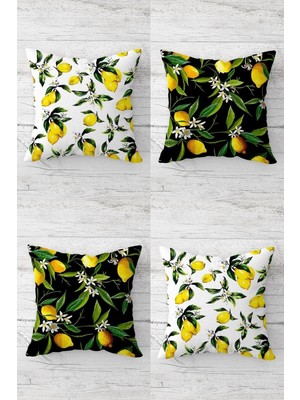 Şanal Pelangi Limon ve Limon Çiçekleri Desenli Gizli Fermuarlı Kırlent Kılıfı Koltuk Yastık Kılıfı TAKIM(4ADET), Sarı-Yeşil 45 x 45