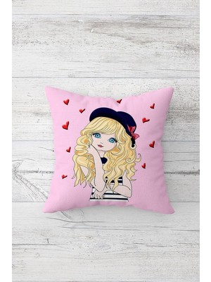 Şanal Pelangi Pop Art Kız Desenli Çift Tarafı Baskılı Gizli Fermuarlı Yastık Kılıfı Kırlent Koltuk Yastık Kılıfı, Kırmızı-Pudra 45 x 45, 2469116445451