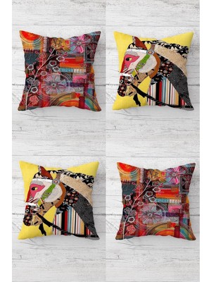 Şanal Pelangi Patchwork At ve Çiçek Gizli Fermuarlı Kırlent Kılıfı Koltuk Yastık Kılıfı TAKIM(4ADET), Pembe-Sarı 45 x 45