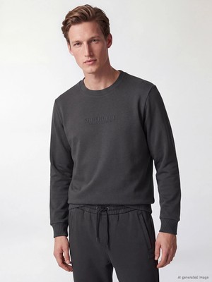 Lc Waikiki Yeni Sezon Antrasit Bisiklet Yaka Nakışlı Erkek Kalın Sweatshirt