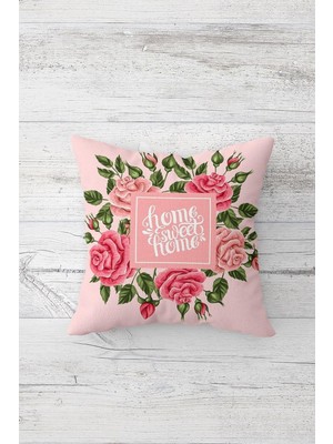 Şanal Pelangi Gül Demetli Home Sweet Home Çift Taraflı Gizli Fermuarlı Yastık Kılıfı Kırlent Koltuk Yastık Kılıfı, Pembe-Yeşil 45 x 45, 2469102045451