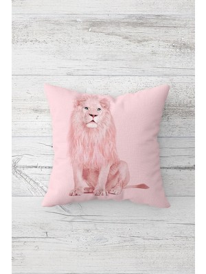 Şanal Pelangi Pembe Aslan Desenli Çift Tarafı Baskılı Gizli Fermuarlı Yastık Kılıfı Kırlent Koltuk Yastık Kılıfı, Pudra 45 x 45