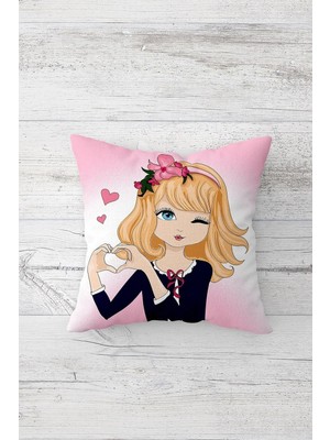 Şanal Pelangi Kalp Yapan Kız Desenli Çift Tarafı Baskı Gizli Fermuarlı Yastık Kılıfı Kırlent Koltuk Yastık Kılıfı, Sarı-Lacivert-Pembe 45 x 45, 2469115545451
