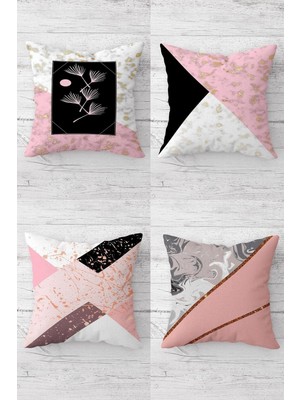 Şanal Pelangi Pembe Geometrik Üçgen Desenli Gizli Fermuarlı Kırlent Kılıfı Koltuk Yastık Kılıfı TAKIM(4ADET), Pembe-Siyah 45 x 45