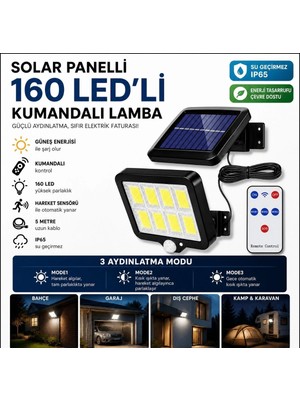 Go İthalat 160 LED Solar Bahçe Aydınlatması, 6&amp;apos;lı Güneş Panelli LED Lamba, 5 Metre Kablolu ve Kumandalı (5263)