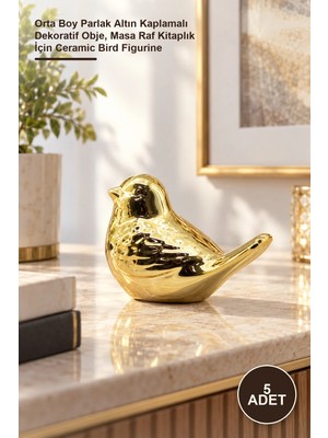 Yenilig 5 Adet Seramik Kuş Biblo – Orta Boy Parlak Altın Kaplamalı Dekoratif Obje, Masa Raf Kitaplık Için Ceramic Bird Figurine