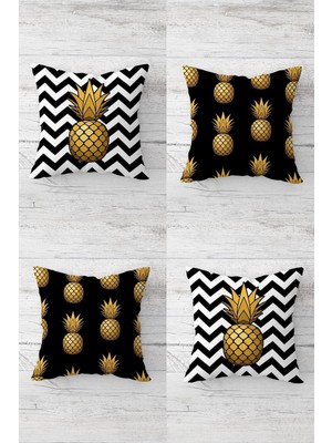 Şanal Pelangi Ananas ve Tropikal Meyve Desenli Gizli Fermuarlı Kırlent Kılıfı Koltuk Yastık Kılıfı TAKIM(4ADET), Gold-Siyah Beyaz 45 x 45