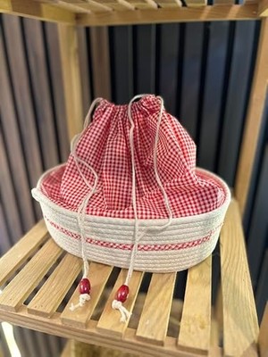 aklow akyoleticaret Ekmek Sepeti, Kapanabilir Kumaş Torbalı El Yapımı (Kırmızı Potıkare)