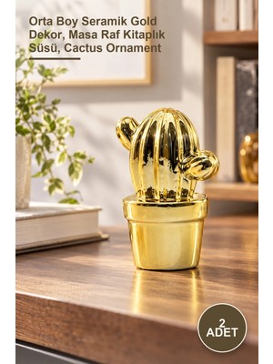Yenilig 2 Adet Kaktüs Tasarımlı Dekoratif Biblo – Orta Boy Seramik Gold Dekor, Masa Raf Kitaplık Süsü, Cactus Ornament