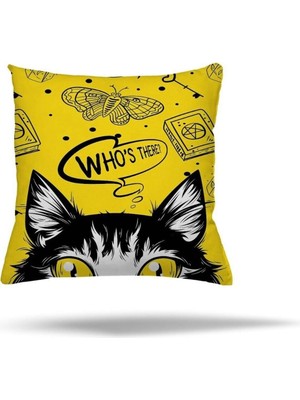 Şanal Pelangi Meraklı Kedi Çift Tarafı Baskılı Gizli Fermuarlı Yastık Kılıfı Kırlent Koltuk Yastık Kılıfı, Sarı-Siyah 43 x 43