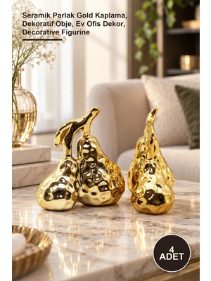Yenilig 4 Adet Orta Boy Çift Armut Tasarımlı Biblo – Seramik Parlak Gold Kaplama, Dekoratif Obje, Ev Ofis Dekor, Decorative Figurine