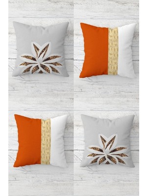 Şanal Pelangi Lotus Çiçeği ve Gold Şeritli Kombin Gizli Fermuarlı Kırlent Kılıfı Koltuk Yastık Kılıfı TAKIM(4ADET), Gold-Turuncu 45 x 45