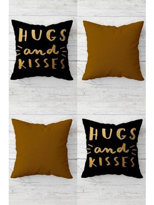 Şanal Pelangi Hugs And Kisses Kombin Gizli Fermuarlı Kırlent Kılıfı Koltuk Yastık Kılıfı TAKIM(4ADET), Gold-Siyah 45 x 45