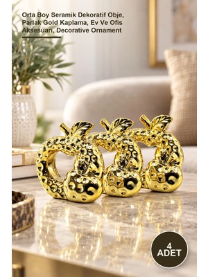 Yenilig 4 Adet Dokulu Çift Elma Biblo – Orta Boy Seramik Dekoratif Obje, Parlak Gold Kaplama, Ev ve Ofis Aksesuarı, Decorative Ornament