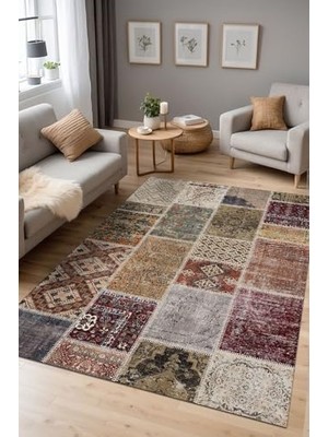 aklow akyoleticaret Flona Patchwork Şönil Kaymaz Doğal Pamuk Tabanlı Yıkanabilir Antibakteriyel Çevre Dostu Salon Halısı 120X180