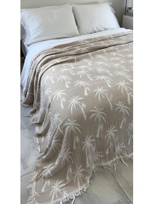 Şanal Palmiye Desen 4 Katlı Müslin Pike Yatak Örtüsü Battal Boy 240X260 cm Bej
