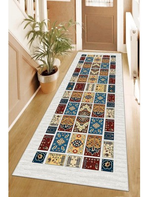Şanal Pelangi Eskitme Kilim Desenli Dijital Baskı Yıkanabilir Kaymaz Taban Vintage Salon Halısı ve Yolluk, Gri-Bordo-Turkuvaz 80 x 300, 955556311803007
