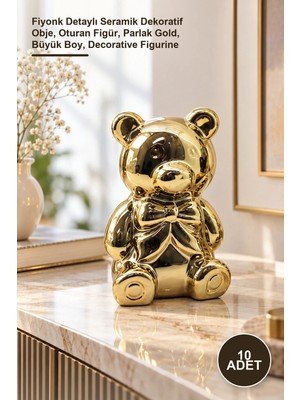 Yenilig 10 Adet Ayı Biblo – Fiyonk Detaylı Seramik Dekoratif Obje, Oturan Figür, Parlak Gold, Büyük Boy, Decorative Figurine