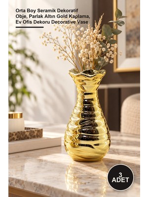 Yenilig 3 Adet Dalgalı Gövde Vazo Biblo – Orta Boy Seramik Dekoratif Obje, Parlak Altın Gold Kaplama, Ev Ofis Dekoru Decorative Vase