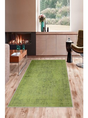 Şanal Pelangi Yeşil Vintage Desenli Yıkanabilir Kaymaz Taban Leke Tutmaz Modern Salon Halısı ve Yolluk, Fıstık Yeşil 120 x 200