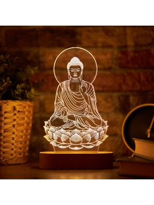 Şanal Buddha Tasarımlı LED Lamba - 22 x 14 cm - Ahşap Kaideli Dekoratif Gece Lambası