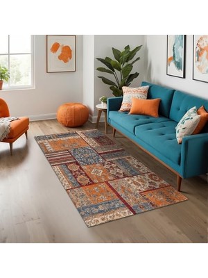 aklow akyoleticaret Patchwork Şönil Kaymaz Doğal Pamuk Tabanlı Yıkanabilir Antibakteriyel Çevre Dostu Salon Halısı 100X150
