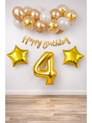 aklow akyoleticaret 4 Yaş Gold Doğum Günü Seti; Beyaz Gold Konfetili Balon, Rakam ve Yıldız Folyo, Banner