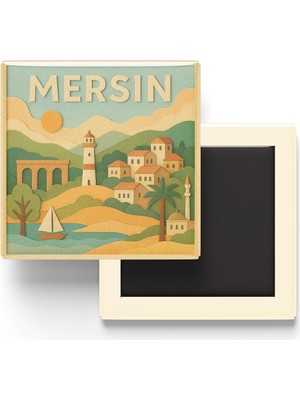 Şanal Mersin - Memleket Temalı - Paper Cut Art - Baskılı Buzdolap Magneti Kare - 9x9 cm