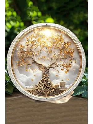 aklow akyoleticaret Altın Işıklı Hayat Ağacı Mdf Duvar Dekoru, Yuvarlak Uv Baskı, 20 Cm, DT009