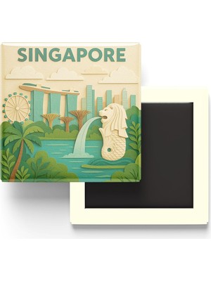 Şanal Singapur - Paper Cut Art - Baskılı Buzdolap Magneti Kare - 9x9 cm