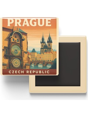 Şanal Prag Çekya - Astronomik Saat - Baskılı Buzdolap Magneti Kare 9x9 cm