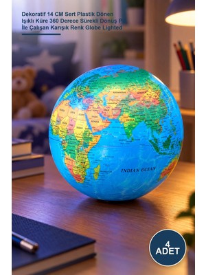 Yenilig 4 Adet Işıklı Dünya – Dekoratif 14 cm Sert Plastik Dönen Işıklı Küre 360 Derece Sürekli Dönüş Pil Ile Çalışan Karışık Renk Globe Lighted