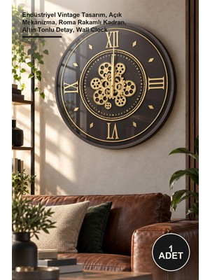 Yenilig 1 Adet Çarklı Duvar Saati 55 cm – Endüstriyel Vintage Tasarım, Açık Mekanizma, Roma Rakamlı Kadran, Altın Tonlu Detay, Wall Clock